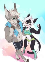 2017 2boys abs bulge canine cat enjoipandas feline furry green_eyes grey_hair highres male_only micro_shorts muscular proby short_shorts sweat tagme tail tank_top white_hair wolf workout_clothes