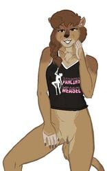 anthro bottomless brown_eyes brown_hair chest_tuft clothed clothing english_text female fur genitals hair logo_parody looking_at_viewer mammal multicolored_body multicolored_fur mustela mustelid musteline ponytail pussy shirt simple_background smiling_at_viewer solo style_wager tank_top text topwear translucent translucent_clothing tuft white_background