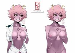 black_sclera damodar female_only horns mina_ashido my_hero_academia nude_female on_off perky_breasts pink_hair pink_skin revealing_clothes revealing_shirt smile solo u.a._school_uniform unbuttoned_shirt yellow_eyes