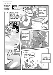 animal_genitalia balls black_and_white blush bodily_fluids buizel clothed clothing comic dialogue duo embarrassed english_text feral floatzel fur genitals hi_res lester_(risenpaw) male monochrome ness_(risenpaw) nintendo open_mouth page_12 pokémon_(species) pokemon risenpaw sheath smile speech_bubble spraying_water sweat sweatdrop swimming_pool swimwear text video_games