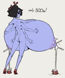 2018 6_arms angstrom anthro arachnid arthropod ass backboob big_breasts biped black_hair blue_skin bodily_fluids breast_squeeze breasts clothing cups female footwear gigantic_breasts grey_background hair high_heels huge_breasts huge_nipples hyper hyper_breasts lactating lactation muffet multi_arm multi_limb naked_footwear naked_heels nipples non-mammal_breasts nude puffy_nipples shoes simple_background solo spider standing text undertale video_games