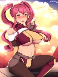 1girls anna_(fire_emblem) anna_(fire_emblem:_three_houses) big_breasts blush female fire_emblem fire_emblem:_three_houses large_breasts lumarianne20 midriff nintendo nipple_bulge nipples pussy red_eyes red_hair smile sunset thick_thighs thighs twintails underboob wide_hips