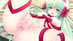 :d anus bed bow breasts breasts_apart censored fate/grand_order fate_(series) female green_hair hairbow kiyohime_(fate/grand_order) long_hair looking_at_viewer lying medium_breasts mosaic_censoring naked_ribbon nipples on_back open_mouth pussy red_bow red_ribbon ribbon shiny shiny_skin smile solo splush_wave spread_legs spread_pussy yellow_eyes