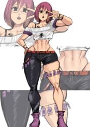 abs bare_shoulder belly belly_button big_ass condom condom_packet_strip condoms gowther hand_on_hip highleg jeans looking_at_viewer midriff nanatsu_no_taizai navel peace_sign pinkung123 purple_eyes yellow_eyes