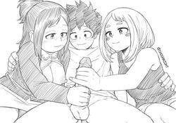 1boy 2girls balls blush breasts brown_eyes brown_hair chubby colorless double_handjob erect_nipples erection green_eyes green_hair half_dressed handjob handjob_gesture happy happy_sex incest inko_midoriya izuku_midoriya long_hair mature_female milf mother mother_and_son my_hero_academia nipples ochako_uraraka penis rosy_cheeks shoganight shorts sketch skirt smile testicles vest