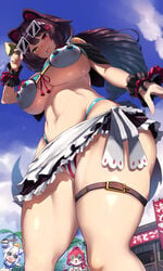 ange_katrina animal_ears big_breasts bikini blush brown_hair cat_ears catgirl curvy fang female from_below hair_ornament heterochromia huge_breasts inui_toko lize_helesta looking_at_viewer looking_down midriff nijisanji nuezou open_mouth solo_focus sunglasses sunglasses_on_head sweat sweatdrop swimsuit thick_thighs thighs underboob virtual_youtuber