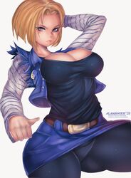 1girls 2020 alamanderarts android android_18 big_breasts blonde_hair blue_eyes bob_cut breasts cleavage clothed clothed_female cyborg dragon_ball dragon_ball_z female female_only fully_clothed short_hair solo source_request