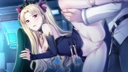 1boy arm_warmers black_pants black_shirt blonde_hair bow breasts breasts_out censored chair chaldea_uniform earrings ereshkigal_(fate) fate/grand_order fate_(series) female hairbow indoors jewelry leg_grab leg_lift long_hair mosaic_censoring nipples open_mouth pants pussy red_bow red_eyes shirt shirt_pull small_breasts splush_wave standing standing_on_one_leg sweat tiara torso_grab two_side_up white_shirt