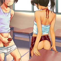 1boy 1girls ass bare_back brown_hair censored choker clenched_teeth erection faceless_female faceless_male female gekkou_(geccomajin) grinding hair_up masturbation no_panties penis plaid plaid_skirt ponytail rear_view ribbon ribbon_choker rubbing skirt skirt_lift skirt_up standing table_sex tan tan_skin tank_top testicles tied_hair