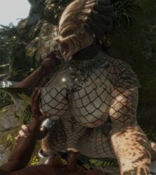 3d braided_ponytail claws dark-skinned_male female_monster female_yautja fishnet_bodysuit gauntlet gorget grabbing_another's_arm grabbing_another's_thighs grabbing_anothers_breast human_penetrating_humanoid knees lolpro2 mandibles monster_girl muscular_female predator_(franchise) sharp_teeth skin_pattern standing standing_missionary standing_sex vagina vaginal_penetration yautja