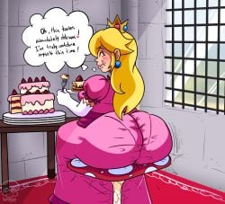 1girls 2d_(artwork) action_lines artist_signature ass ass_bigger_than_head ass_bigger_than_torso ass_focus background big_ass blonde_hair blush blush_lines blushing_female breasts cake cake_slice caked_up chair_breaking chubby chubby_female crown destruction dress eating female female_human female_only food fork hamb0ne huge_ass lipstick long_hair mario_(series) pantylines princess princess_peach sitting sitting_on_chair text text_bubble thought_bubble window