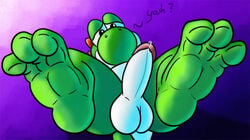 2020 3_toes anthro ass ball balls barefoot belly big_balls big_feet big_penis bodily_fluids cum digital_media_(artwork) dinosaur english_text erection feet feral fol foot_focus genital_fluids genitals glans green_body green_scales green_yoshi head_tilt lying male male_only mario_(series) nintendo on_back paws penis presenting presenting_hindquarters presenting_penis reptile scales scalie simple_background soles solo text toes video_games white_belly yoshi