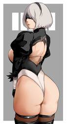 android ass_focus bakkanki big_ass big_breasts emotionless expressionless female female_only leotard mole mole_under_mouth nier:_automata short_hair solo solo_female solo_focus white_hair yorha_2b