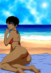 1girls ass beach berserk big_ass bikini black_hair breasts brown_skin casca dark-skinned_female dark_skin female female_only human looking_at_viewer looking_back muscular_female ocean red_bikini short_hair sitting solo solo_female swimsuit swimwear tomboy towel very_short_hair