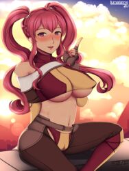 1girls anna_(fire_emblem) anna_(fire_emblem:_three_houses) big_breasts blush female fire_emblem fire_emblem:_three_houses large_breasts lumarianne20 midriff nintendo nipple_bulge nipples pussy red_eyes red_hair smile sunset thick_thighs thighs twintails underboob wide_hips