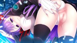 anus ass bb_(fate) black_jacket black_legwear black_skirt blush bow breasts censored fate/extra fate/extra_ccc fate/grand_order fate_(series) female from_behind gloves hairbow hanging_breasts impossible_clothes impossible_leotard jacket large_breasts leaning_forward leotard leotard_aside long_hair looking_at_viewer looking_back mosaic_censoring purple_eyes purple_hair pussy red_bow skirt solo splush_wave thighhighs wavy_mouth white_gloves