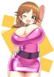 big_breasts brown_hair cute hands_on_hips open_mouth pigtails shuz_(dodidu) thick_thighs thighs thin_waist tight_clothing yellow_eyes