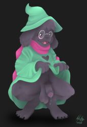 1boy animal_humanoid anthro balls blush bodily_fluids bovid caprine crouching deltarune flaccid flaccid_cock genital_fluids genitals goat hi_res humanoid magic_user male male_only mammal penis precum pubes ralsei rpg_game sagging_balls solo thr33y3dg0at video_games