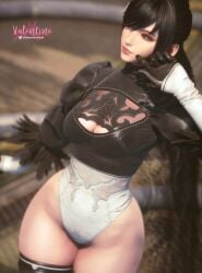1girls 3d black_hair black_leotard breasts cleavage cosplay crossover_cosplay eve_(stellar_blade) female female_only leotard long_hair looking_at_viewer multicolored_leotard nier nier:_automata nier_(series) selfie solo stellar_blade twitter_username valentineyunii watermark white_leotard yorha_2b_(cosplay)