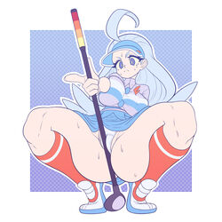 1:1 1girls ass between_thighs big_ass big_breasts blue_eyes blue_hair cameltoe female grinding hat huge_thighs human kahili_(pokemon) kaikoinu large_breasts long_hair nintendo pale-skinned_female pale_skin panties pokemon pokemon_sm pole pussy spread_legs squatting stockings sweat thick_thighs thighs voluptuous