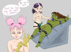 blizzard_entertainment bondage captured defeated female gnome gnome_(warcraft) gnome_female goblin goblin_(warcraft) goblin_female green_skin nipples pale_skin punishment sex_toy strap-on tuhis warcraft world_of_warcraft yuri