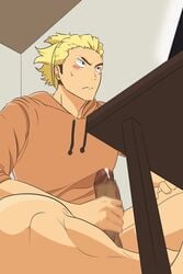 1boy blonde_hair blush bottomless_male cum_drip erection haikyuu!! hoodie jacking_off jerking jerkingoff leaking male male_masturbation male_only masturbating masturbation penile_masturbation sitting_on_floor solo_male stroking stroking_cock stroking_penis tagme ukai_keishin watching_porn