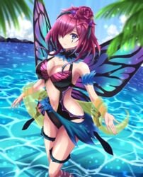 1girls alternate_costume bangs bare_shoulders black_swimsuit blue_eyes blue_sky breasts butterfly_wings cleavage cloud cosplay facial_mark fairy_wings female fire_emblem fire_emblem_heroes hair_ornament hair_over_one_eye highres kakiko210 looking_at_viewer medium_hair navel nintendo ocean one-piece_swimsuit plumeria_(fire_emblem) plumeria_(fire_emblem)_(cosplay) plumeria_(summer)_(fire_emblem) purple_hair sky swimsuit thorns triandra_(fire_emblem) veil wings