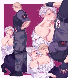 absurdres bara bare_pectorals belt black_belt black_gloves black_pants black_shirt blonde_hair blush cum cum_in_mouth cum_on_male ejaculation erection facial fellatio fingerless_gloves gay gay2boys gloves heart heart-shaped_pupils highres jack_krauser kneeling large_pectorals leon_scott_kennedy looking_at_another male_focus multiple_boys muscular muscular_male nipples off_shoulder official_alternate_costume on_(isk1812) oral pants pectorals penis pillow resident_evil resident_evil_4 resident_evil_4_remake scar scar_across_eye scar_on_face shirt short_hair sucking_male_nipple symbol-shaped_pupils white_hair white_shirt yaoi