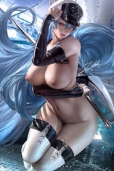 akame_ga_kill! breast_grab esdeath_(akame_ga_kill!) female female_only hat nipples pubic_hair solo solo_female sword zumi