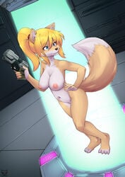 4_toes absurd_res accessory alternate_version_at_source anthro anthrofied areola belly blaster_pistol blonde_hair breasts canid canine claws clothing feet female female_fox floating fox fur furrification furry furry_only glowing gun hair hair_accessory hairband handgun hi_res machine mammal metroid naked navel nintendo nipples nude paralyzer pistol pose raised_tail ranged_weapon red_hairband samus_aran save_point science_fiction shadowfenrirart solo suit tail tan_body tan_fur toe_claws toes undressing video_games weapon white_belly