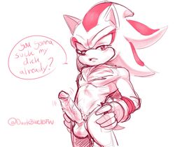 anthro balls chest_tuft clothing darkblue erection eulipotyphlan fur genitals gloves hair hands_on_hips handwear hedgehog hi_res male male_only mammal pecs penis red_body red_fur red_hair shadow_the_hedgehog solo solo_male sonic_(series) sonic_the_hedgehog_(series) speech_bubble standing tuft