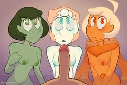 3girls erection green_skin group_sex imminent_sex neversaywhere nude orange_skin pearl_(steven_universe) penis pov small_breasts steven_universe