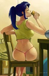 1girls alcohol beer beer_can blue_hair busty clothing drinking drunk female female_focus female_only hourglass_figure misato_katsuragi neon_genesis_evangelion panties pink_thong pinup pose posing solo solo_female thong wazu-san wide_hips