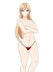 1girls blonde_hair breasts female full_body g-string holding_breast large_breasts lingerie looking_at_viewer lpogo nakiri_erina no_bra open_mouth panties purple_eyes red_lingerie shokugeki_no_souma solo surprised topless undressing white_background