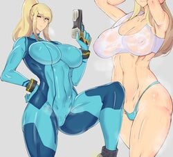 1girls alternate_breast_size armpits arms_up big_breasts blonde_hair bodysuit erovsaaaka female female_only firearm footwear handgun hourglass_figure huge_breasts human large_breasts long_hair metroid muscular_female nintendo nipples_visible_through_clothing pale_skin ponytail samus_aran see-through solo sports_bra sweat sweaty thick_thighs weapon wet_clothes wet_shirt workout wristwear zero_suit zero_suit_samus