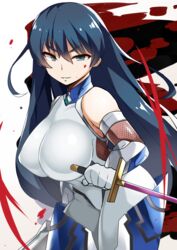 1girls 2020 armor armpits blood blue_hair bodysuit breasts clothing eyebrows_visible_through_hair female female_only fully_clothed gloves green_eyes highres holding_katana holding_weapon igawa_asagi impossible_clothes jewelry katana large_breasts long_hair mituyota_76 sleeveless smile solo standing taimanin_(series) taimanin_asagi taimanin_rpgx thick_thighs thighs weapon