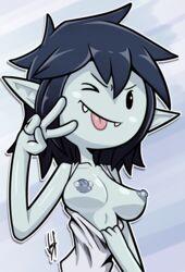 1girls adventure_time big_head breasts breasts_out flashing grey_skin large_breasts marceline medium_breasts n3f nipple_piercing nipples one_eye_closed outline pale portrait pose presenting_breasts short_hair smile solo tank_top tongue_out upper_body v vampire