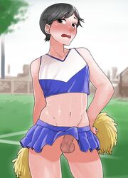 1boy acbin's balls blush bottomless_skirt cheerleader cheerleader_uniform crossdressing erection_under_clothes femboy girly male male_only outdoors penis pom_poms skirt_lift solo