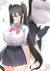 1futa big_breasts big_penis black_hair bulge clothed clothing cock_sleeve cock_sleeve_(clothes) cock_sock erection fully_clothed futa_only futanari futanari_exposed genitalwear human penis_out penis_under_clothes penis_under_skirt pink_eyes purple_eyes red_potato_rinrin school_uniform solo solo_focus yuuki_nanase_(red_potato_rinrin)