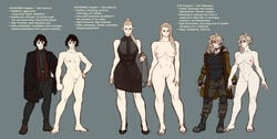 3girls blonde_hair character_sheet clothed description dinerforwolves english_text full_body grey_background large_breasts nude on_off original_character pale sketch small_breasts standing tomboy undressed vampire vampire_the_masquerade world_of_darkness