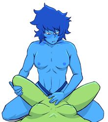 barnsinbin blue_skin female_pov green_skin kneeling lapis_lazuli_(steven_universe) nude peridot_(steven_universe) pov sex sex_toy small_breasts steven_universe strap-on white_background yuri