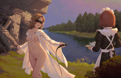 bigrbear blindfold elf exhibitionism maid ophelia_(bigrbear) original outside painting_(artwork) pussy river ruins tagme uncensored whip