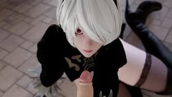 1boy 1girls 3d angry animated clothed_female_nude_male eye_contact fellatio fishnets hair_over_one_eye headband licking_penis male_pov nier nier:_automata no_sound oral pov red_eyes reluctant sassy short_hair sitting stockings vynil video white_hair yorha_2b