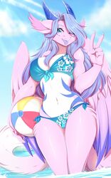 2020 anthro bikini blue_eyes clothing day detailed_background digital_media_(artwork) dragon feathered_dragon feathered_wings feathers female fur furred_dragon hair hi_res navel outside pink_body pink_feathers pink_fur purple_hair rainbowscreen sky smile solo swimwear wings