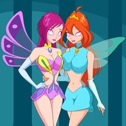 2girls absurd_res accurate_art_style bloom_(winx_club) breast_squish breasts charmix enchantix fairies fairy fairy_wings glowing_eyes jimryu looking_at_viewer mind_control multiple_girls pink_hair png rainbow_(animation_studio) red_hair tagme tecna tecna_(winx_club) thin_waist winx_club