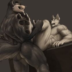 1:1 4_toes anal anal_sex anthro anthro_on_anthro anthro_penetrated anthro_penetrating anthro_penetrating_anthro ass canid canine canis clenched_teeth domestic_dog duo fur grey_body grey_fur hi_res holding_leg lying male male/male male_penetrated male_penetrating male_penetrating_male mammal mtfoxx muscular muscular_male on_back pawpads penetration sex teeth toes white_body white_fur wolf