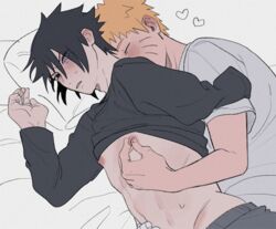 2boys bandage bandaged_arm bed bed_sheet black_eyes black_hair blonde_hair blush boruto:_naruto_next_generations cheating cheating_husband closed_eyes clothing dilf dodo_(artist) gay male male/male male_only naruto naruto_(series) nipple_pinch nipple_tweak nipples pecs pillow purple_eyes rinnegan sasuke_uchiha shirt_lift shirt_up sweat sweatdrop uzumaki_naruto whisker_markings whiskers yaoi