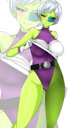 1girls alien_girl bangs bare_shoulders battle_armor belt bodysuit breasts cameltoe cheelai dragon_ball dragon_ball_super elastic_armor female female_focus female_only gloves green-tinted_eyewear green_skin humanoid large_breasts scouter short_hair smile tagme thighs tight_clothing tinted_eyewear undressing white_gloves white_hair