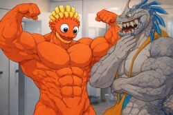 2boys 2male 2males ai_generated background bara bathroom buff digital_media_(artwork) dinosaur dinosaur_tail drummidary incisaur male male_only mankini monster monsters my_singing_buff_or_bara_monsters my_singing_monsters my_singing_monsters:_dawn_of_fire naked naked_male no_penis orange_mankini saliva sexy showing_off smile smiley_face smiling surprised surprised_expression tail yaoi