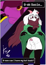 1boy 1girls absurd_res anthro anthro_on_anthro balls blush clothing deltarune duo erection eyewear female female_anthro femboy femboy_on_female flashing genitals glasses gloves handwear hi_res horn legwear male male_anthro male_focus penis ralsei robe_lift scarf skinny solo_focus stockings straight susie_(deltarune) video_games xoti_(artist)